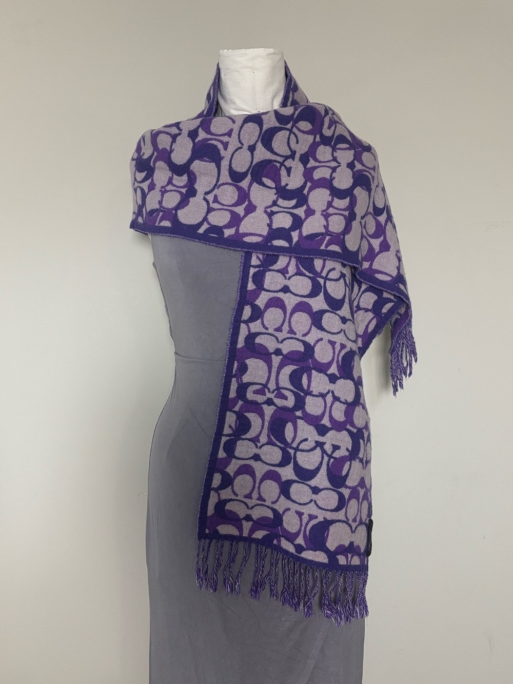 Coach Purple Signature C Logo Reversible Scarf Merino Wool Cashmere Blend